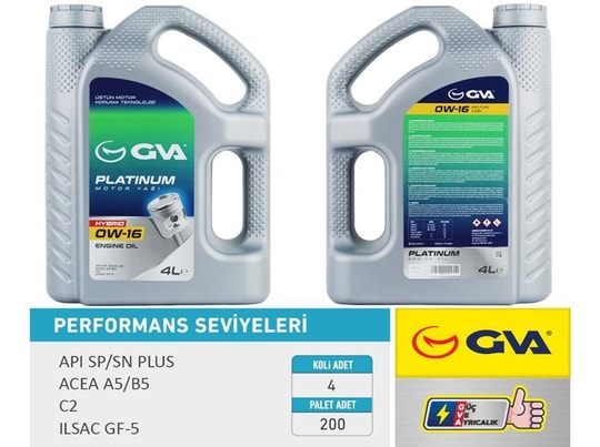 GVAMotor Yağı 4 Lt 0W16 Tam Sentetik Apı Sp / Sn-Plus Ilsac Gf-6B Hıbrıt Araçlar İçinGVA 9920854