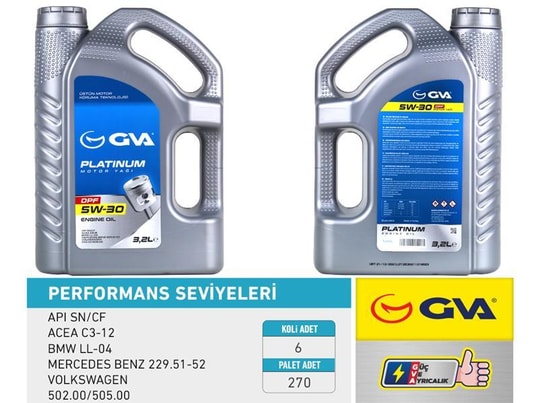 GVAMotor Yağı 5W30 3.2 Lt Platınum Partiküllü-Dpf Tam Sentetik Apı Sn/CfGVA 9920158