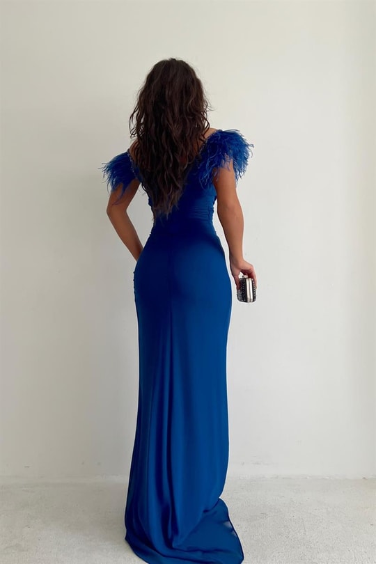 Full Drape Otriş Şifon Abiye Saks Mavisi