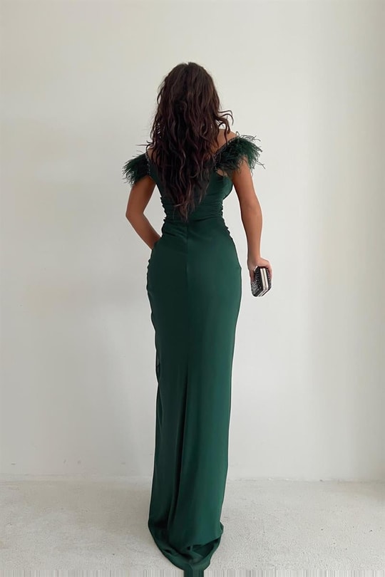 Full Drape Otriş Şifon Abiye Zümrüt Yeşili