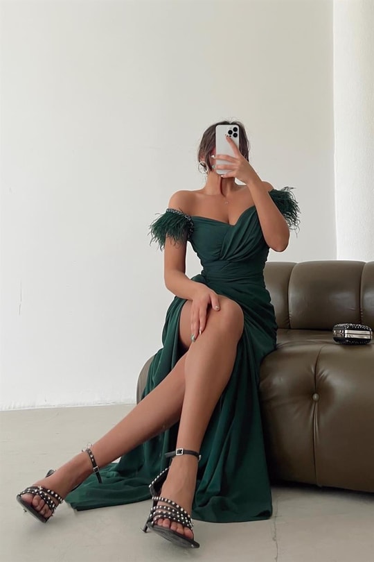 Full Drape Otriş Şifon Abiye Zümrüt Yeşili