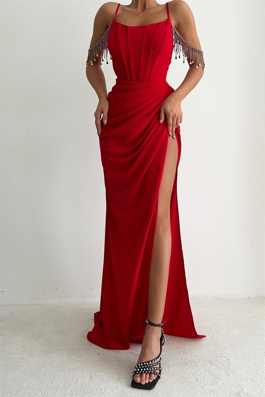 Luster Drape Derin Yırtmaç Abiye Kırmızı