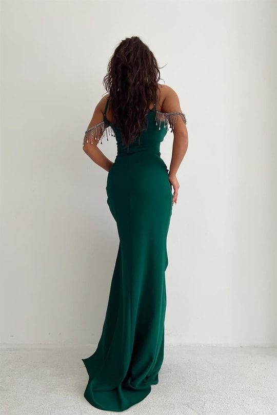 Luster Drape Derin Yırtmaç Abiye Zümrüt Yeşili