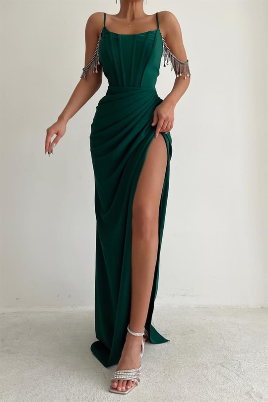 Luster Drape Derin Yırtmaç Abiye Zümrüt Yeşili