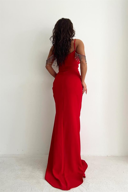 Luster Drape Derin Yırtmaç Abiye Kırmızı