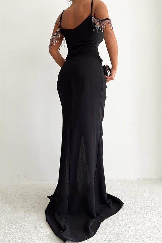 Luster Drape Derin Yırtmaç Abiye Siyah
