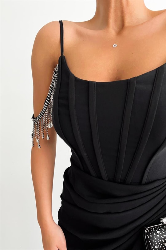 Luster Drape Derin Yırtmaç Abiye Siyah