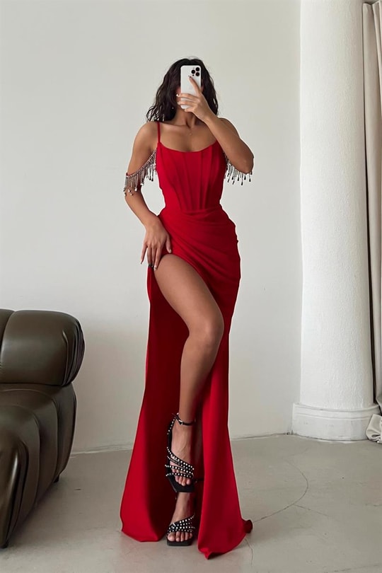 Luster Drape Derin Yırtmaç Abiye Kırmızı