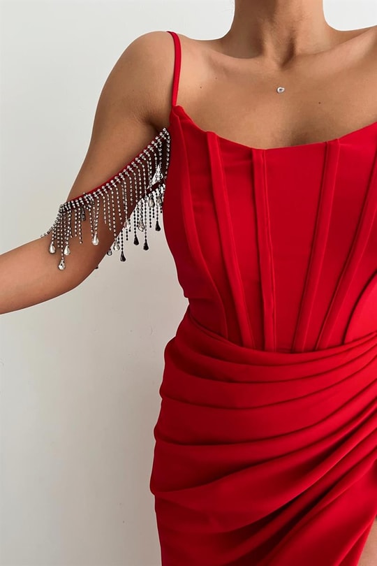 Luster Drape Derin Yırtmaç Abiye Kırmızı