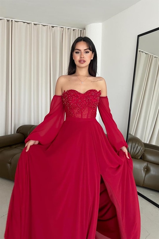 Şifon Comely Abiye Kırmızı