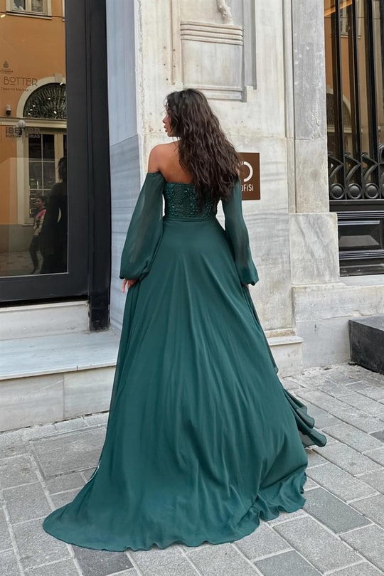 Şifon Comely Abiye Zümrüt Yeşili