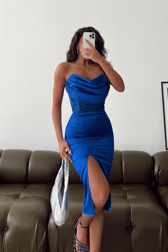 Straplez Drape Midi Abiye Saks Mavisi