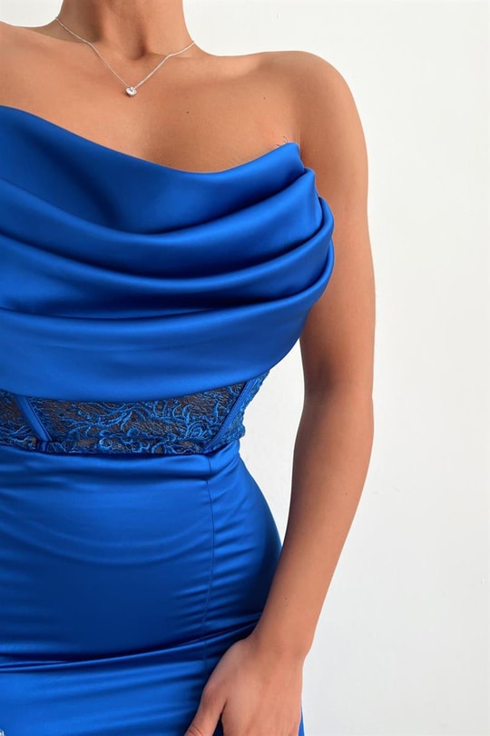 Straplez Drape Midi Abiye Saks Mavisi