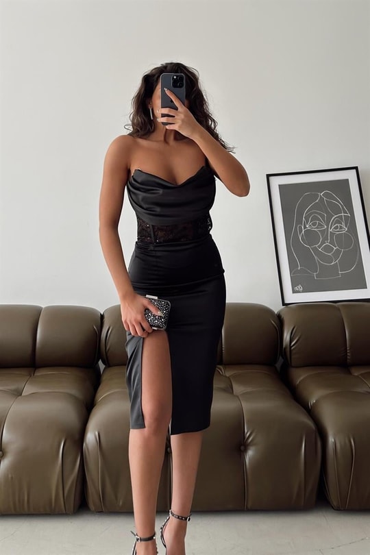 Straplez Drape Midi Abiye Siyah