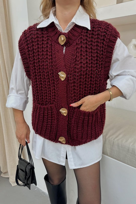 Aksesuar Düğmeli Kalın Örgü Hırka Bordo