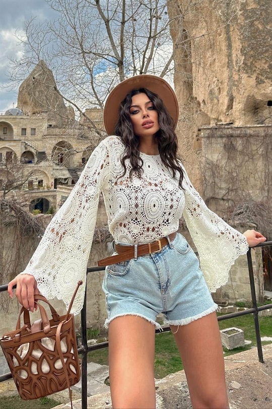 Ajur Model Salaş Bluz Ekru