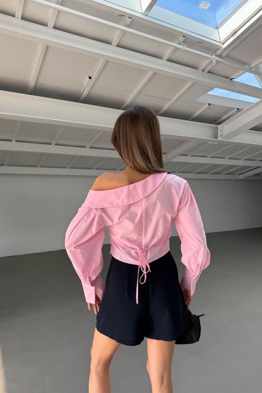 Asimetrik Yaka Poplin Bluz Pembe