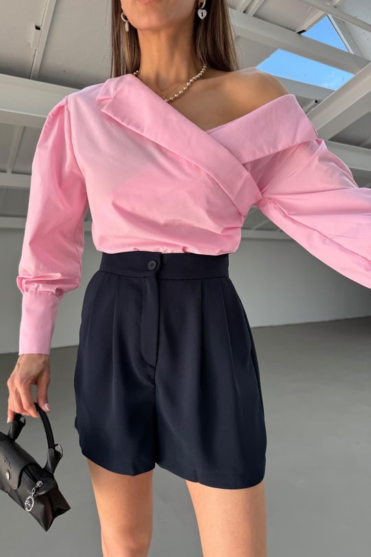 Asimetrik Yaka Poplin Bluz Pembe