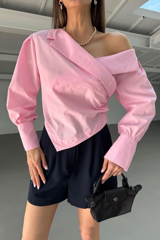 Asimetrik Yaka Poplin Bluz Pembe