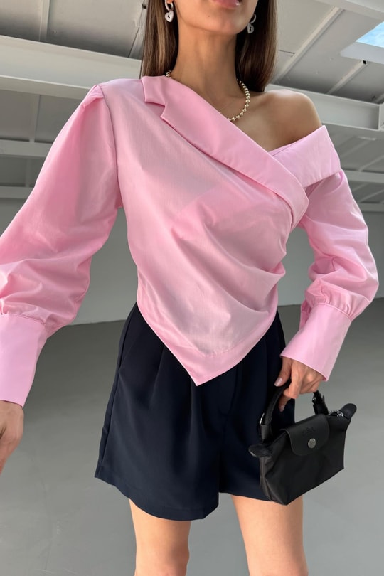 Asimetrik Yaka Poplin Bluz Pembe