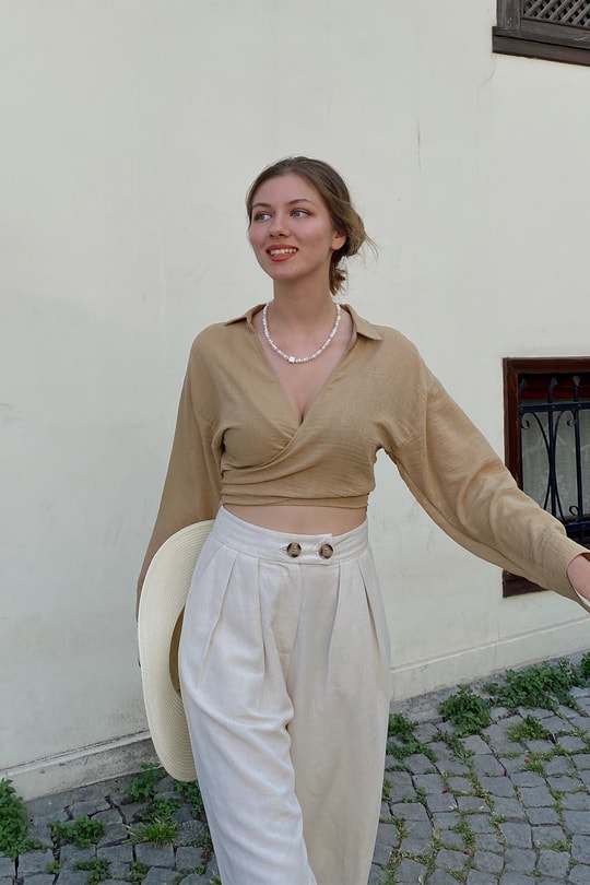 Bağlamalı Keten Bluz Camel