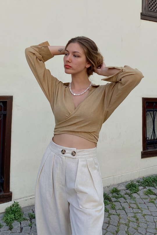 Bağlamalı Keten Bluz Camel