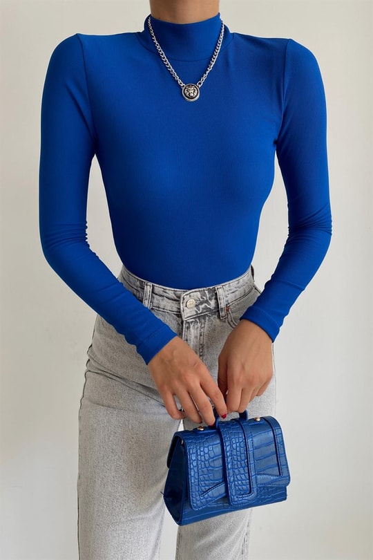 Balıkçı Yaka Basic Bluz Saks Mavisi