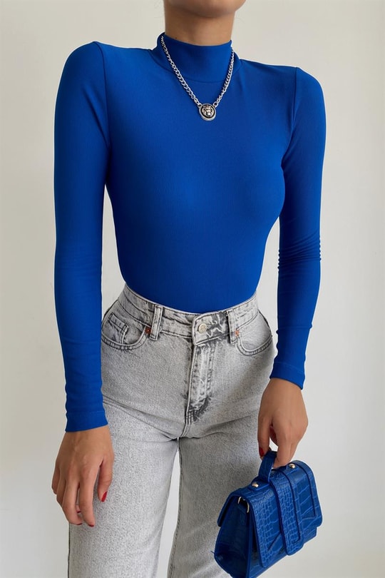 Balıkçı Yaka Basic Bluz Saks Mavisi