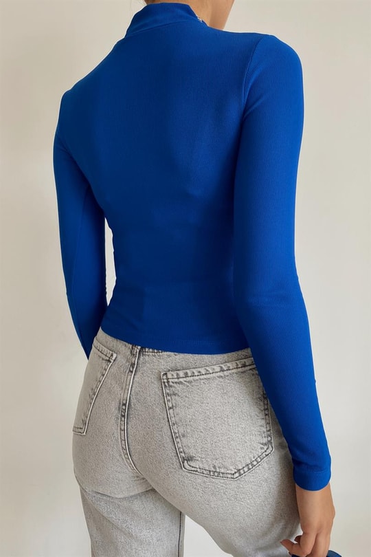 Balıkçı Yaka Basic Bluz Saks Mavisi