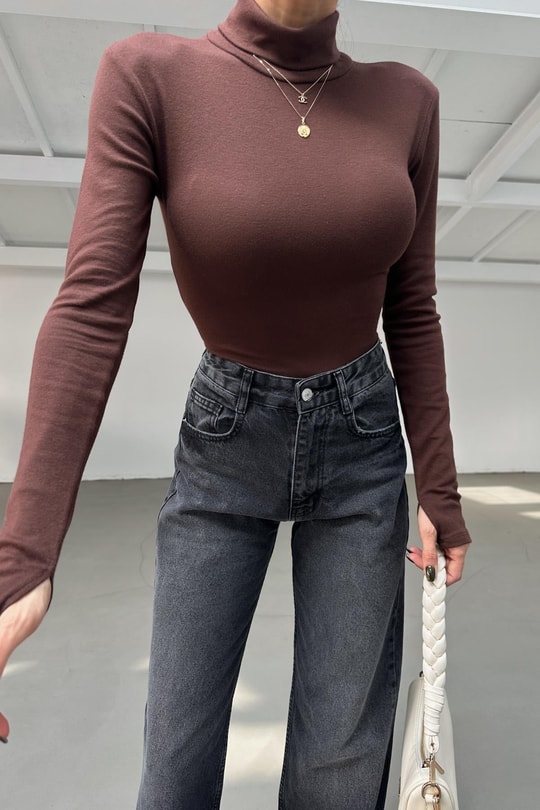 Balıkçı Yaka Uzun Kol Body Kahve
