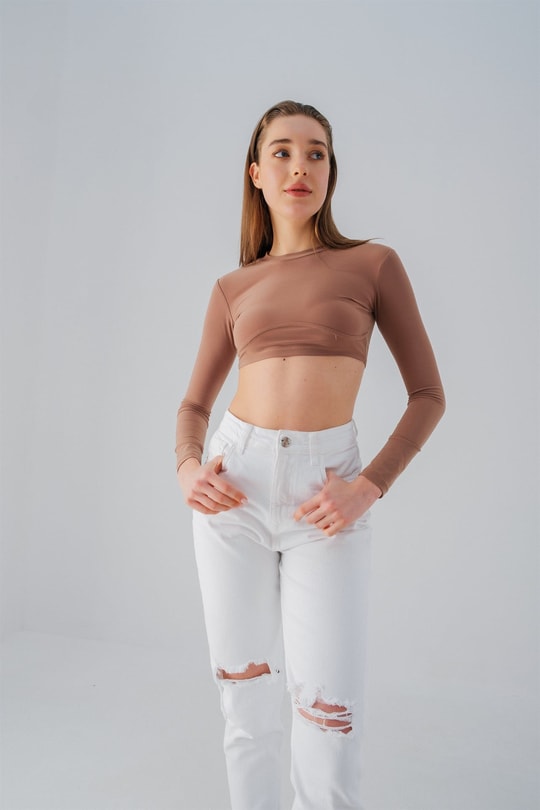 Baret Detay Crop Bluz Camel