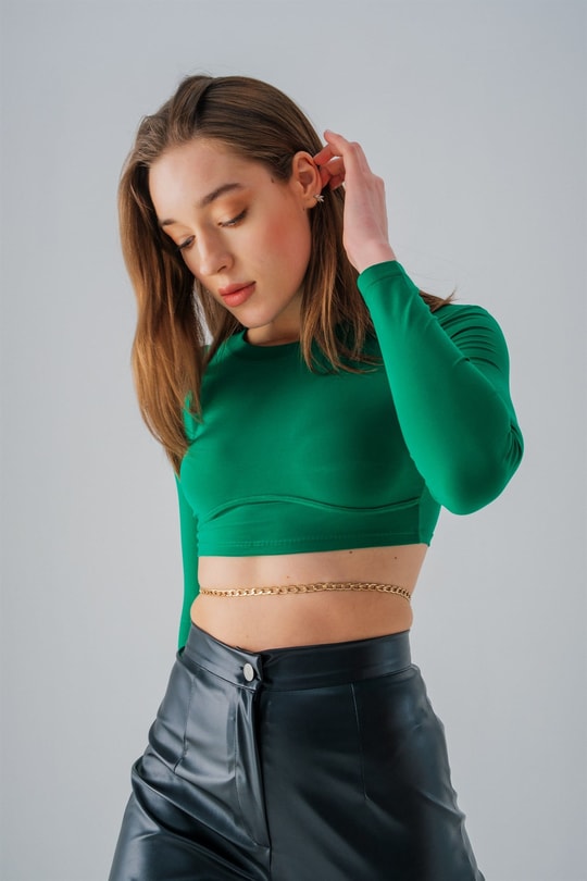 Baret Detay Crop Bluz Yeşil
