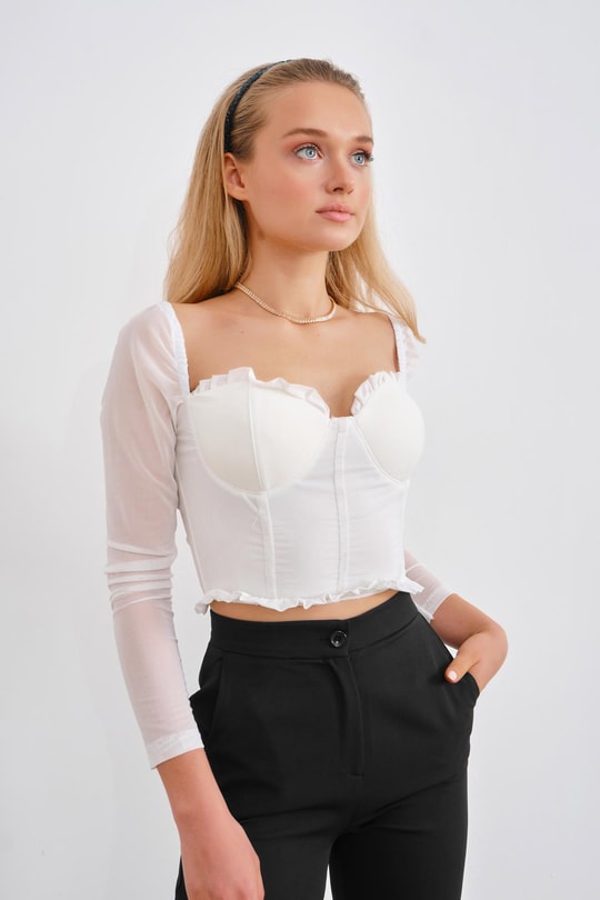 Baret Detay Tül Barbie Bluz Beyaz
