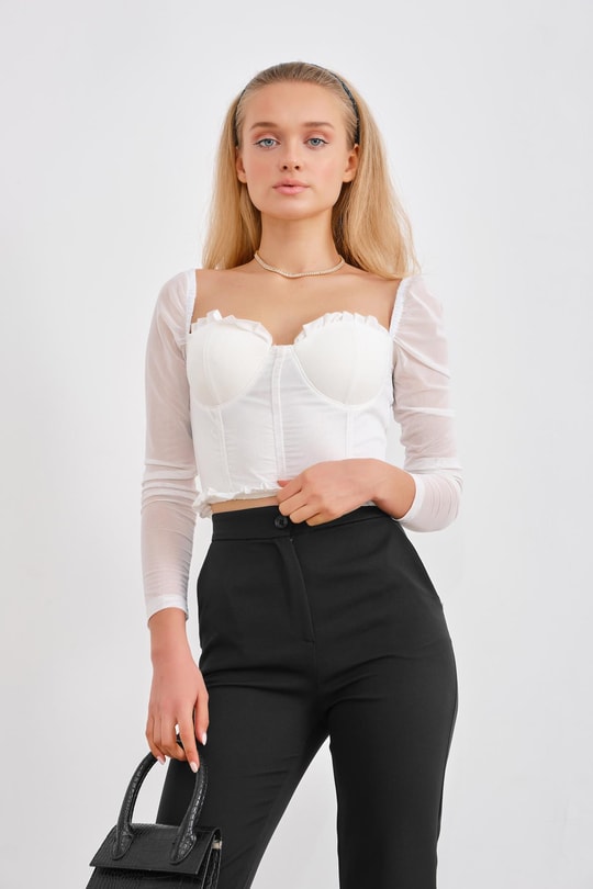 Baret Detay Tül Barbie Bluz Beyaz