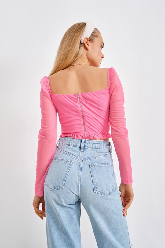 Baret Detay Tül Barbie Bluz Pembe