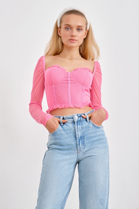 Baret Detay Tül Barbie Bluz Pembe