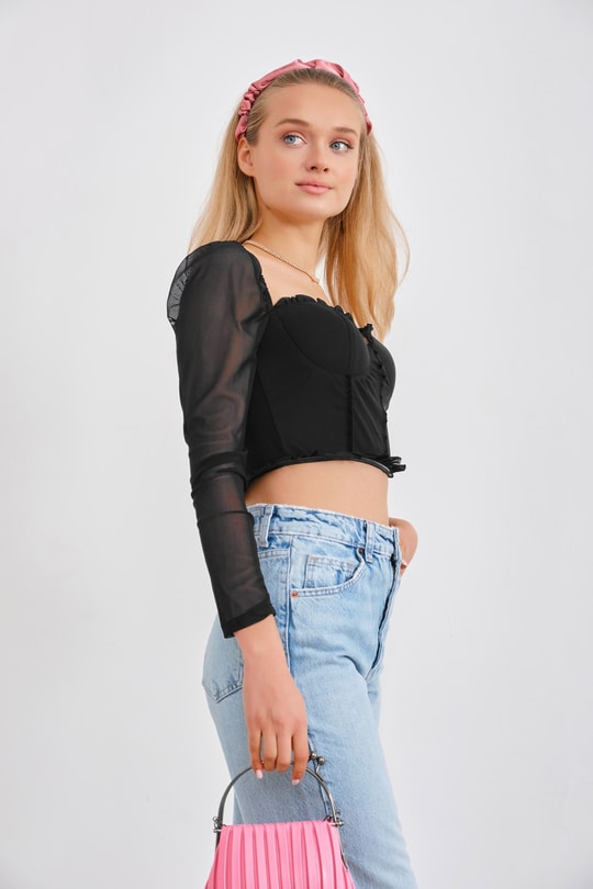 Baret Detay Tül Barbie Bluz Siyah
