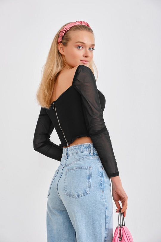 Baret Detay Tül Barbie Bluz Siyah