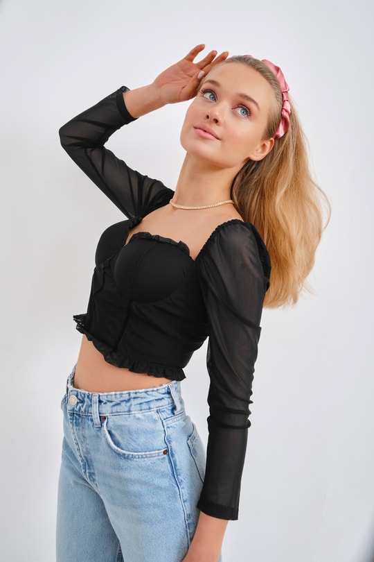 Baret Detay Tül Barbie Bluz Siyah