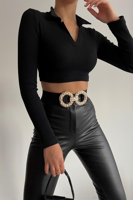 Basic Crop Kaşkorse Bluz Siyah