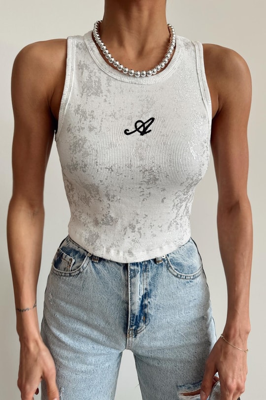 Basic Varaklı Crop Beyaz