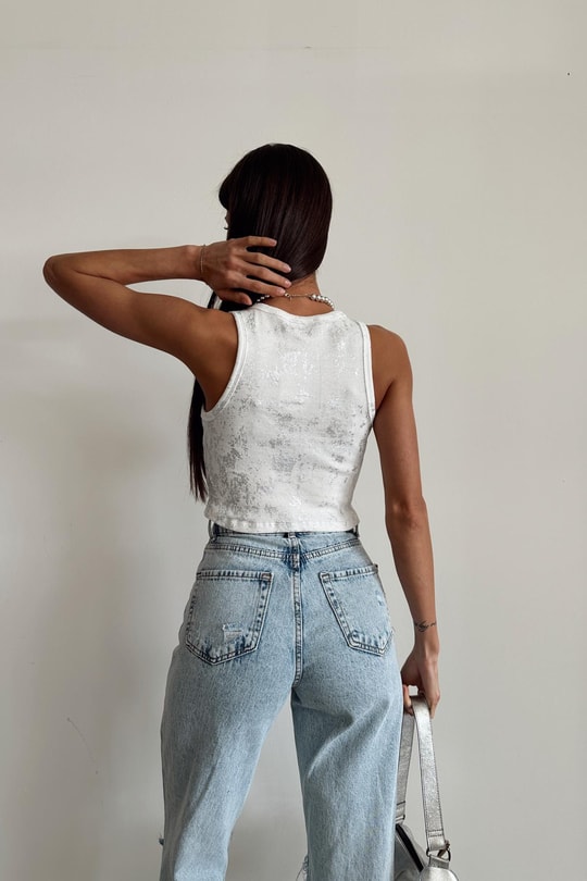 Basic Varaklı Crop Beyaz