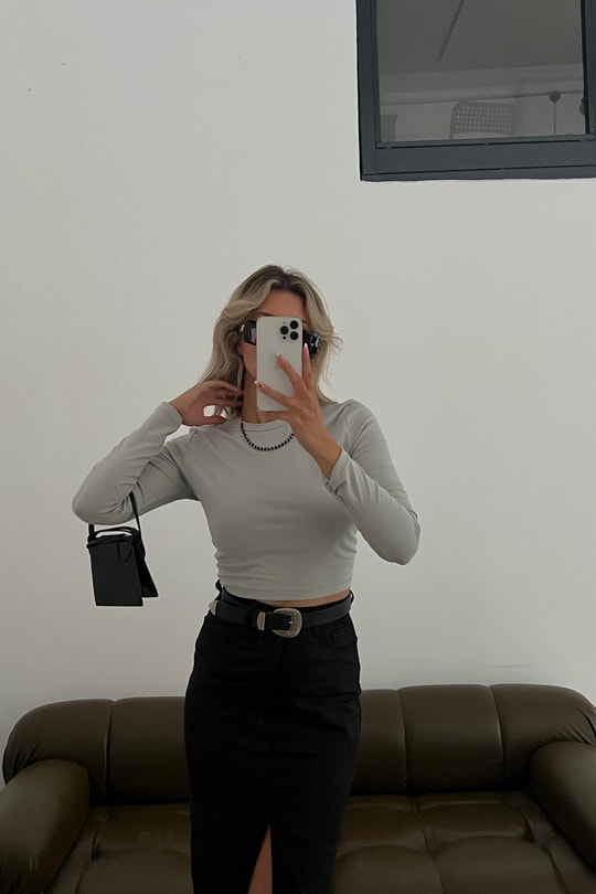Bisiklet Yaka Basic Bluz Gri
