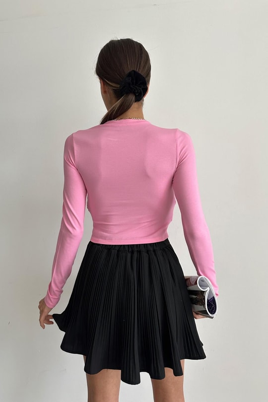 Bisiklet Yaka Basic Bluz Şeker Pembe