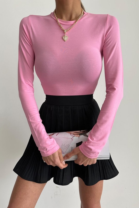 Bisiklet Yaka Basic Bluz Şeker Pembe