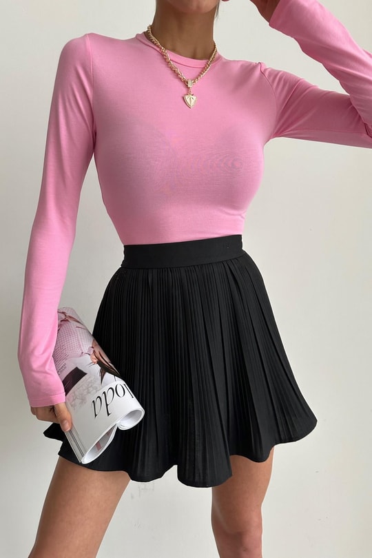Bisiklet Yaka Basic Bluz Şeker Pembe