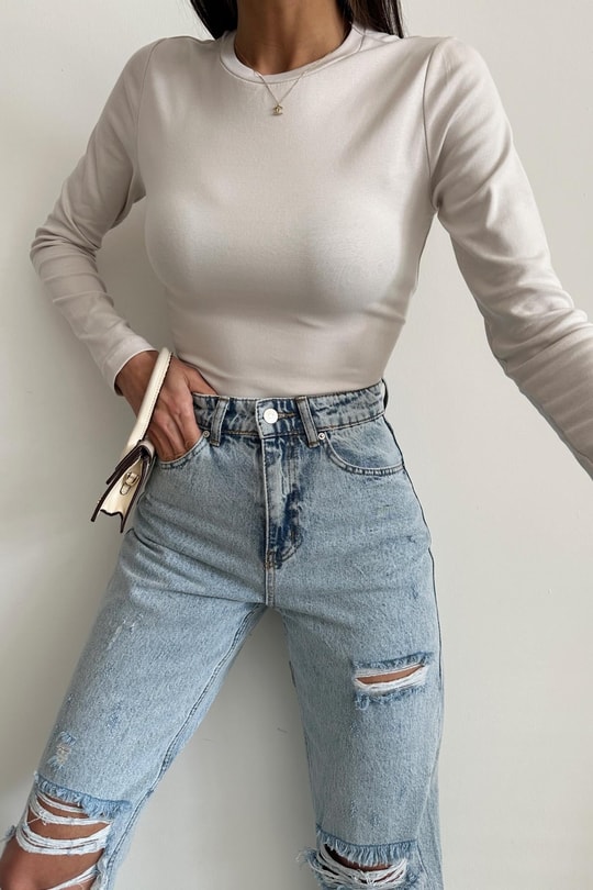 Bisiklet Yaka Basic Bluz Taş