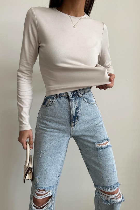 Bisiklet Yaka Basic Bluz Taş
