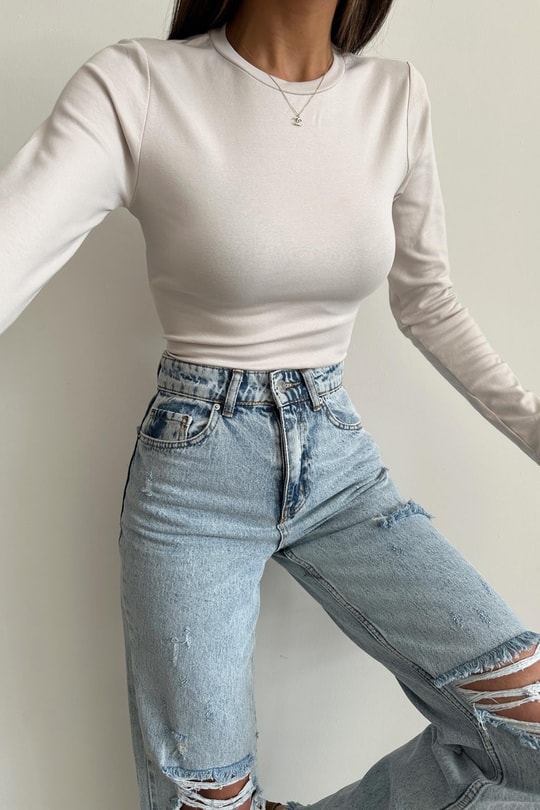 Bisiklet Yaka Basic Bluz Taş