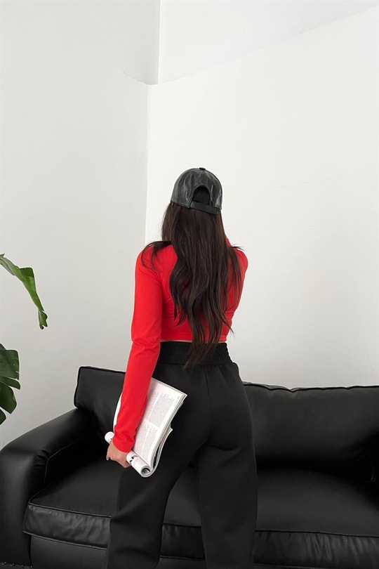 Bisiklet Yaka Basic Crop Bluz Kırmızı
